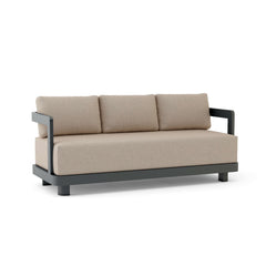 Anderson Teak Granada aluminum outdoor patio sofa with navy canvas cushions, 3-seater garden lounge in designer colors.