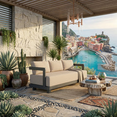 Anderson Teak Granada Aluminum outdoor 3-seater patio sofa in navy with canvas cushions for garden lounge seating.
