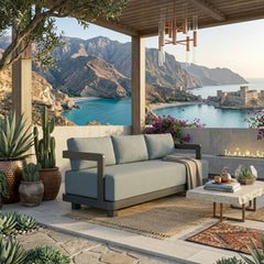 Anderson Teak Granada Aluminum outdoor 3-seater patio sofa in navy with canvas cushions, perfect for garden lounging.