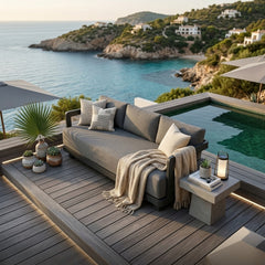 Anderson Teak Granada Aluminum outdoor patio 3-seater sofa in navy canvas, perfect for garden lounge with 9 designer color options.