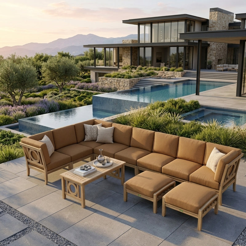 Outdoor Anderson Teak sectional sofa set with teak wood frames, canvas cushions, and available in nine designer colors for garden lounging.