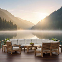 Outdoor Anderson Teak Riviera teak wood sectional sofa set with deep seating in nine designer colors, suitable for garden lounge areas.