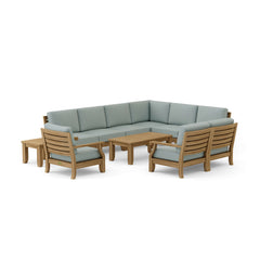 Outdoor Anderson Teak Riviera Teak Wood Sectional Sofa Set with cushions, 9 designer colors for garden lounge and patio seating.
