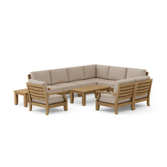 Anderson Teak Riviera teak outdoor sectional sofa set with deep seating, in a garden lounge setting, featuring nine designer color options.