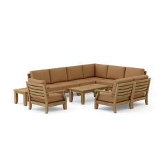 Anderson Teak Riviera teak wood outdoor sectional sofa set with cushions, in various designer colors for garden lounge comfort.