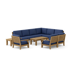 Anderson Teak Riviera teak outdoor sectional sofa set with deep seating, in natural wood finish, outdoor garden lounge setting.