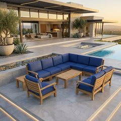 Anderson Teak Riviera Teak Wood outdoor sectional sofa set with deep seating, in a garden lounge setting, available in 9 designer colors.