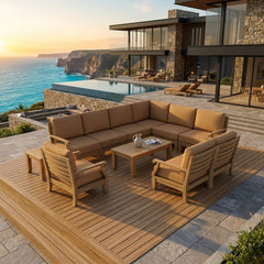 Anderson Teak Riviera Teak Wood Outdoor Sofa Set with deep seating, 9 designer colors, perfect for garden lounge and patio use.