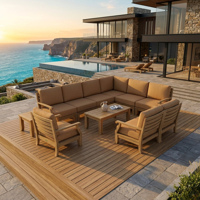 Anderson Teak Riviera Teak Wood Outdoor Sofa Set with deep seating, 9 designer colors, perfect for garden lounge and patio use.