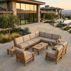 Anderson Teak Riviera Teak Wood Outdoor Sofa Set with deep seating, modular design, in various designer colors for garden lounge.