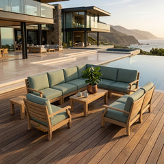 Anderson Teak Riviera Teak Wood Outdoor Sofa set with deep seating, designed for garden lounge, available in 9 designer colors.