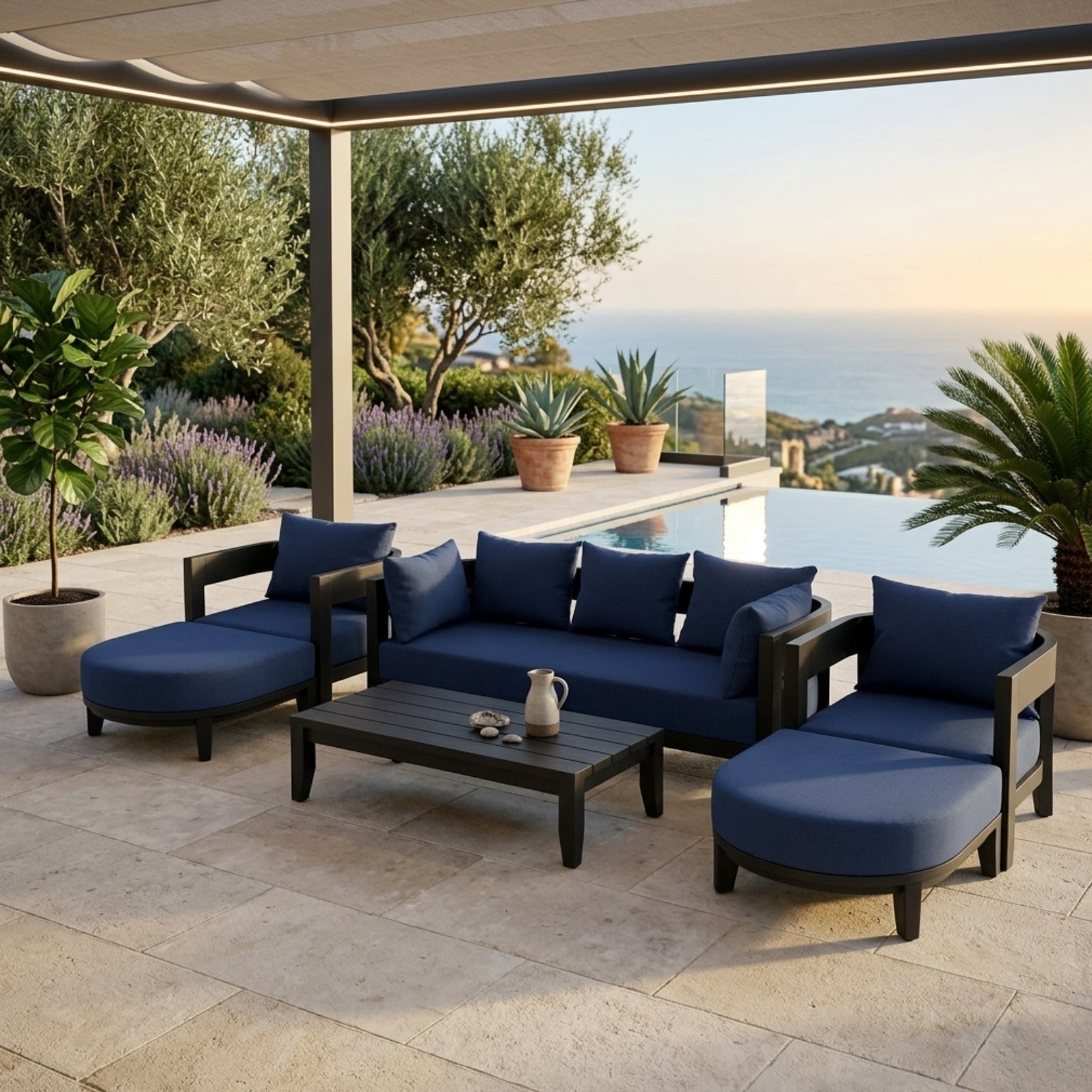 Anderson Teak Coronado 6-piece aluminum outdoor sofa set in cast charcoal with deep seating, perfect for garden lounge patios.