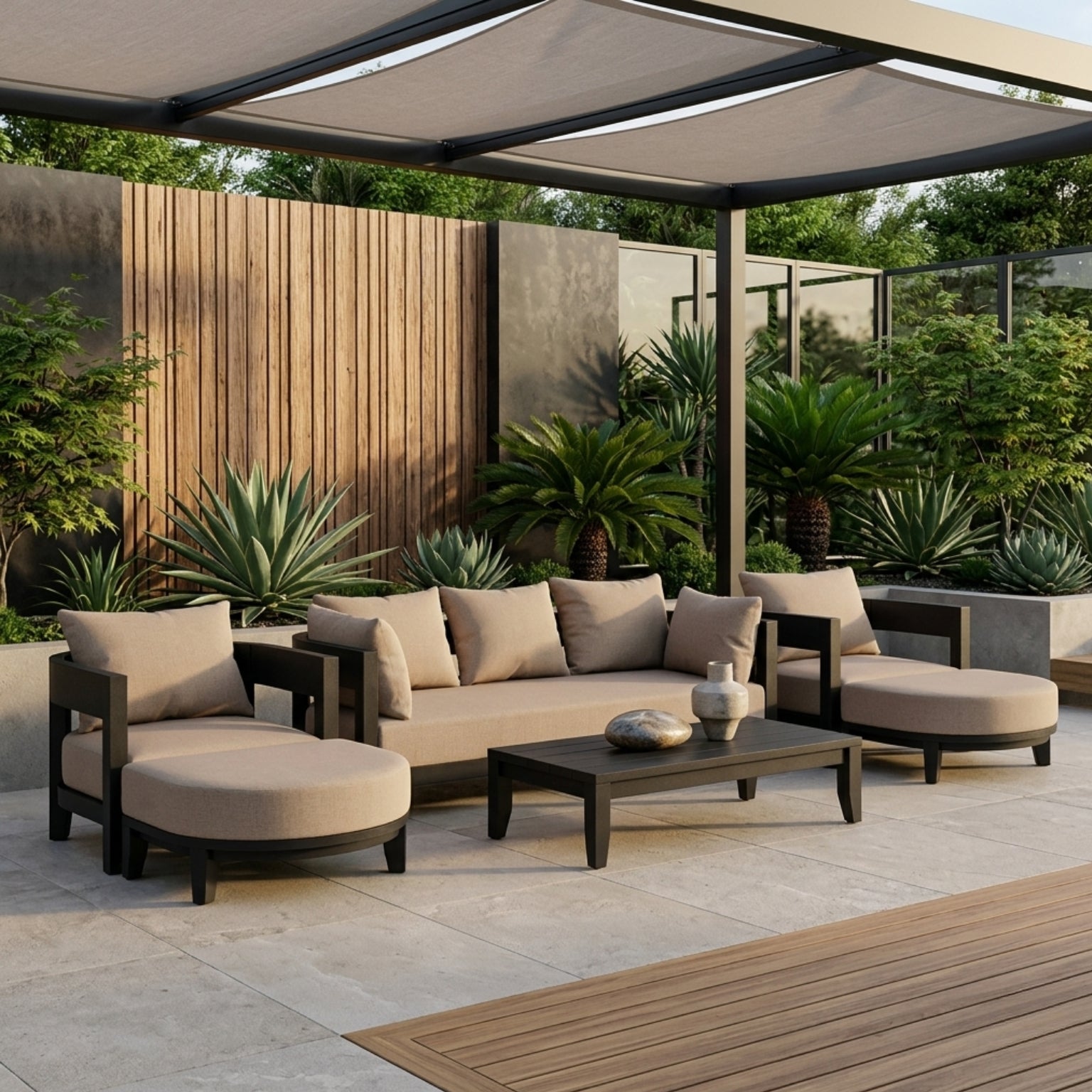 Anderson Teak Coronado 6-piece aluminum outdoor sofa set in cast charcoal for garden lounge, available in 9 designer colors.