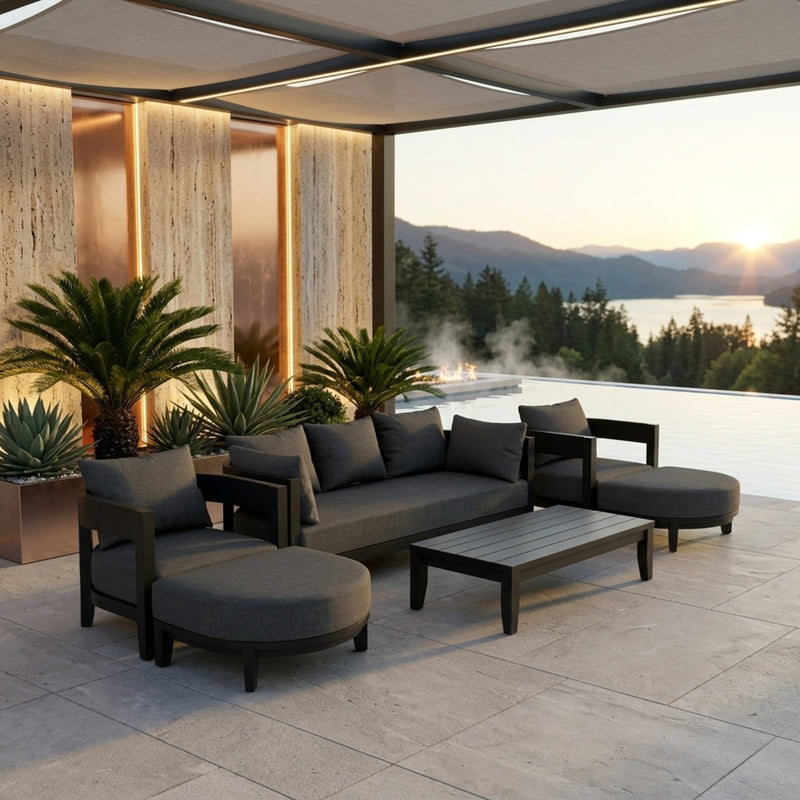 Anderson Teak Coronado 6-piece outdoor aluminum deep seating sofa set in cast charcoal, featuring modern patio lounge design.