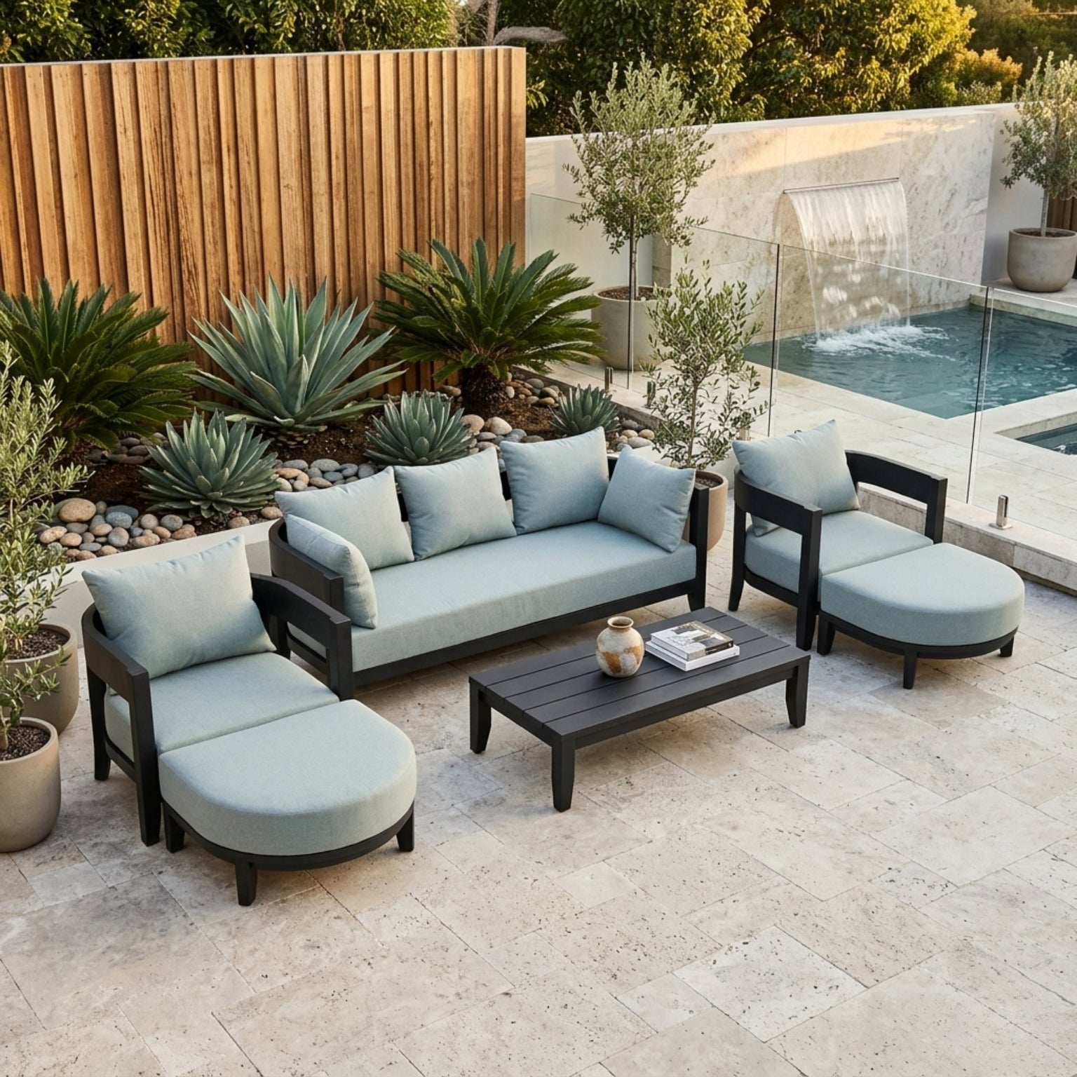 Anderson Teak 6-piece Coronado aluminum outdoor sofa set in cast charcoal, perfect for garden lounge with deep seating.