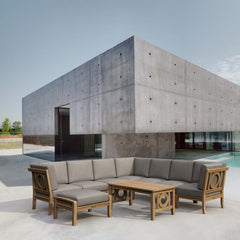 Anderson Teak NATSEPA modular teak outdoor sofa set in cast mist color, designed for garden lounge, with multiple seating sections.