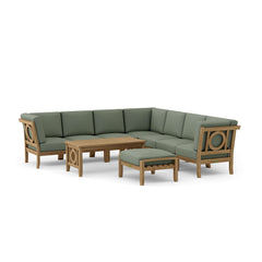 Anderson Teak outdoor modular sofa set in cast mist finish, featuring teak wood construction and multiple seating sections for garden lounge.