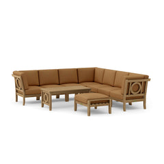 Anderson Teak outdoor sofa set with modular teak wood seating, 9 designer colors, ideal for garden patio lounge.
