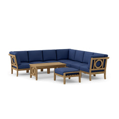 Outdoor teak wood sectional sofa set by Anderson Teak, modular design, in cast mist color for garden lounge and patio use.