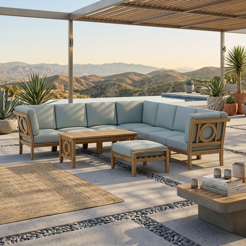 Anderson Teak NATSEPA modular outdoor sofa set with teak wood construction, in cast mist color, designed for garden lounge seating.