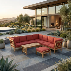Outdoor sectional sofa set by Anderson Teak in cast mist finish, featuring modular teak wood seating for garden lounge.