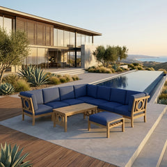 Anderson Teak NATSEPA modular teak wood outdoor sofa set with beige cushions, part of garden lounge patio sectional in 9 designer colors.