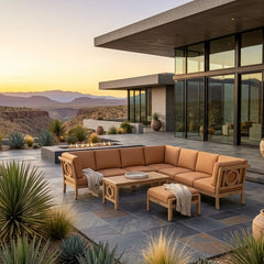 Anderson Teak NATSEPA modular teak outdoor sofa set with cushions in cast mist color, designed for garden lounge and patio.