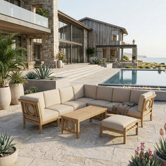 Anderson Teak NATSEPA modular outdoor sofa set with teak wood, garden lounge, and nine designer color options.