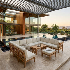 Outdoor sectional sofa by Anderson Teak with modular teak wood design, available in 9 designer colors for garden lounge seating.
