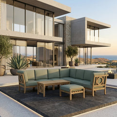 Anderson Teak NATSEPA modular outdoor sofa set with teak wood frame and cushions in nine designer colors for garden lounge.