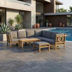 Anderson Teak NATSEPA modular outdoor teak wood sofa set with cushions, in mist color, for garden lounge and patio relaxation.