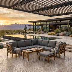 Anderson Teak NATSEPA modular outdoor sofa set with teak wood seating, garden lounge, in cast mist color with 9 designer options.