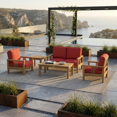 Southbay Teak Wood outdoor sofa set by Anderson Teak, deep seating for garden lounge in cast mist color.