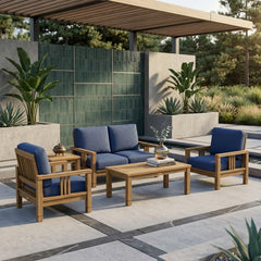Southbay Teak Wood outdoor sofa set by Anderson Teak with deep seating, modern design, in cast mist color for garden lounge.