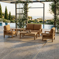 Outdoor Anderson Teak Southbay Teak Wood Deep Seating Sofa Set in Mist color, perfect for garden lounge and outdoor patio relaxation.