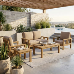 Southbay Teak Wood outdoor sofa set by Anderson Teak with deep seating, stylish design, and available in nine designer colors for garden lounge.