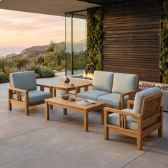 Southbay Teak Wood outdoor sofa set by Anderson Teak in cast mist color, featuring deep seating for garden lounge or patio.
