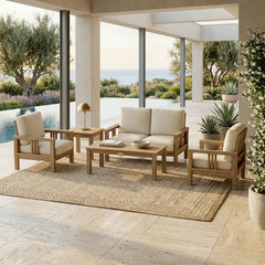 Southbay Teak Wood outdoor sofa set by Anderson Teak, deep seating patio furniture in cast mist color for garden lounge.