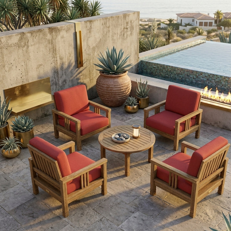 Southbay teak wood outdoor sofa set with four armchairs and a table in cast mist color, designed for garden lounge relaxation.