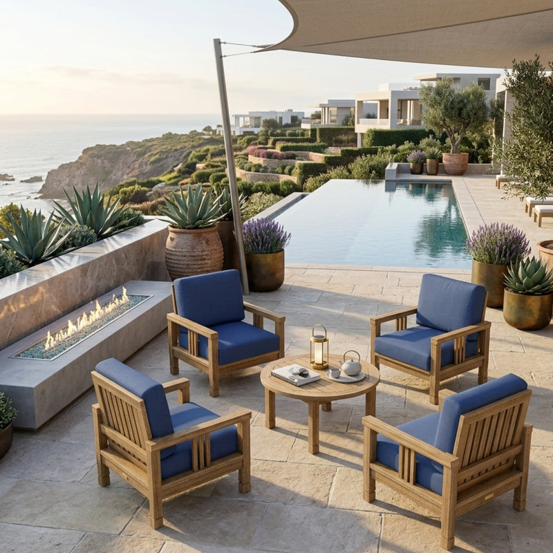 Southbay Teak Wood outdoor 5-piece patio set with four armchairs and a table, in designer colors by Anderson Teak.