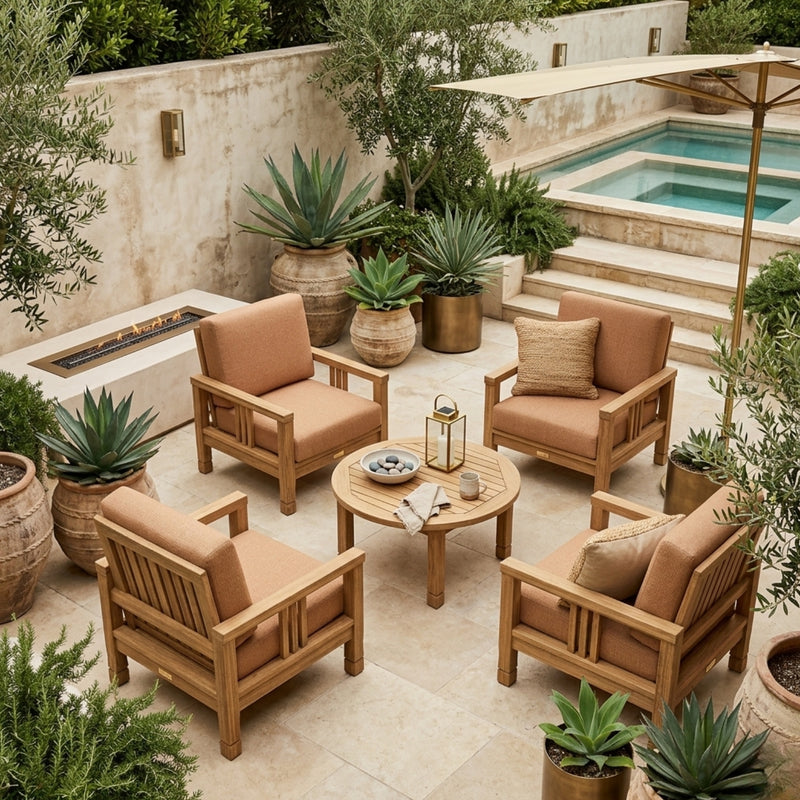 Southbay Teak Wood outdoor sofa set with four armchairs and a table, in cast mist color, from Anderson Teak.