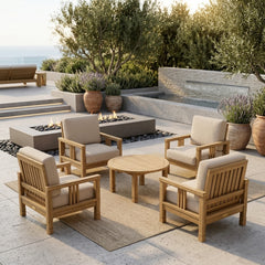 Southbay Teak Wood outdoor sofa set with four armchairs and a table, in cast mist finish, by Anderson Teak for garden lounge.