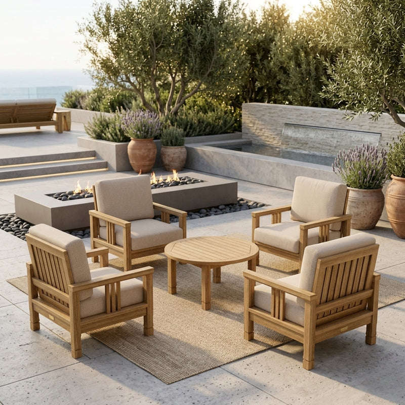 Southbay Teak Wood outdoor sofa set with four armchairs and a table, in cast mist finish, by Anderson Teak for garden lounge.