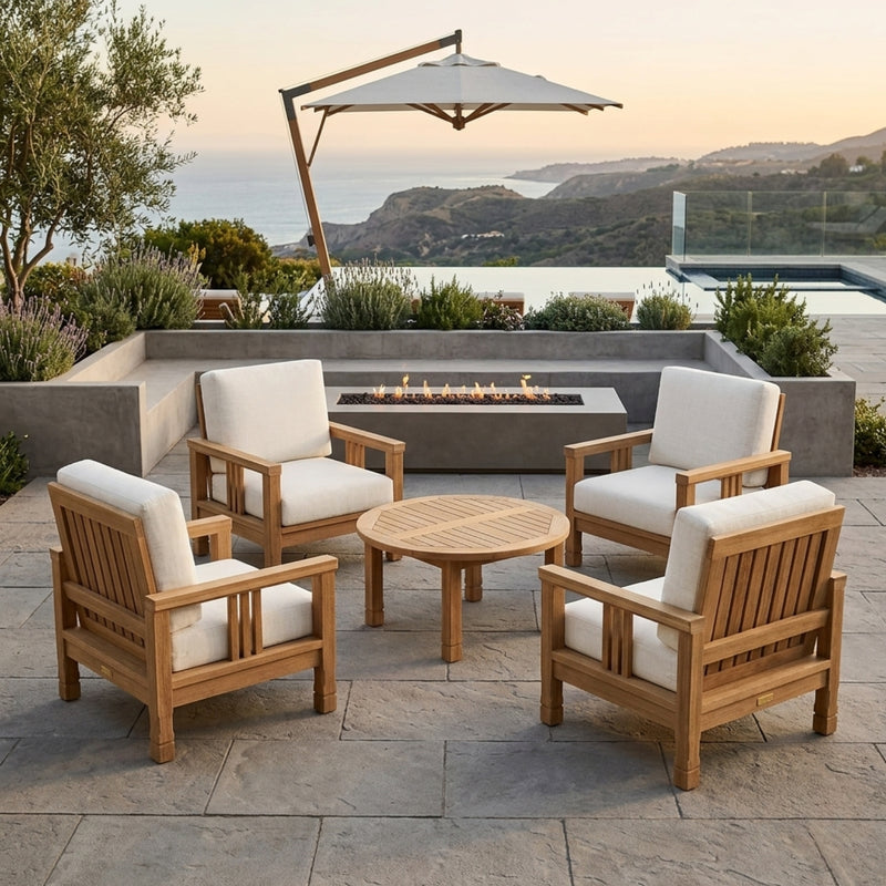 Anderson Teak Southbay outdoor sofa set with four armchairs and a table in natural teak wood, available in nine designer colors.