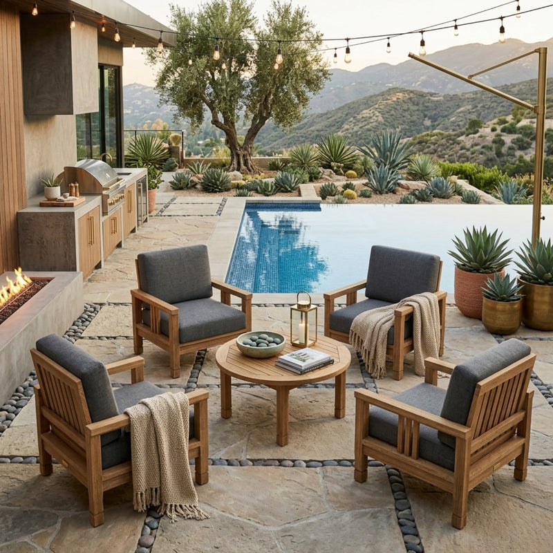Anderson Teak Southbay teak wood outdoor sofa set with four armchairs and a table in cast mist color for garden lounge seating.