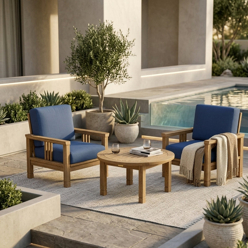 Southbay Teak Wood Deep Seating 3-piece outdoor patio set with 2 armchairs and table by Anderson Teak in cast mist finish.