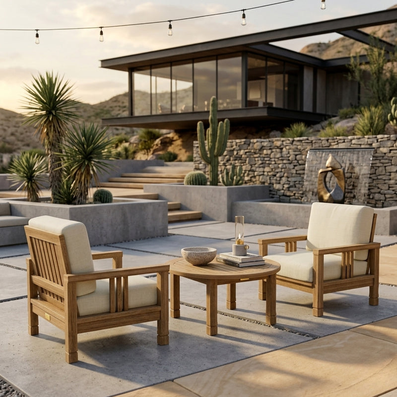 Southbay Teak Wood outdoor sofa set with two armchairs and table, modern garden lounge furniture in designer colors by Anderson Teak.