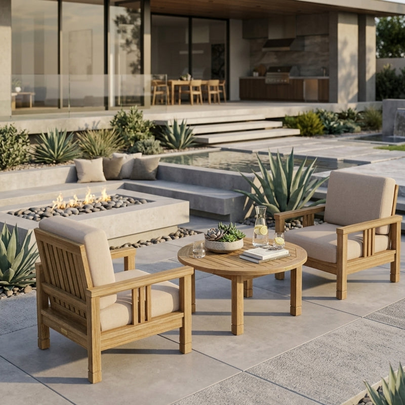 Anderson Teak Southbay teak wood outdoor sofa set with 2 armchairs and a table, available in 9 designer colors for garden lounging.