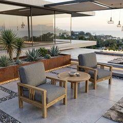 Southbay Teak Wood outdoor seating set with two armchairs and a table, featuring deep cushions in designer colors by Anderson Teak.