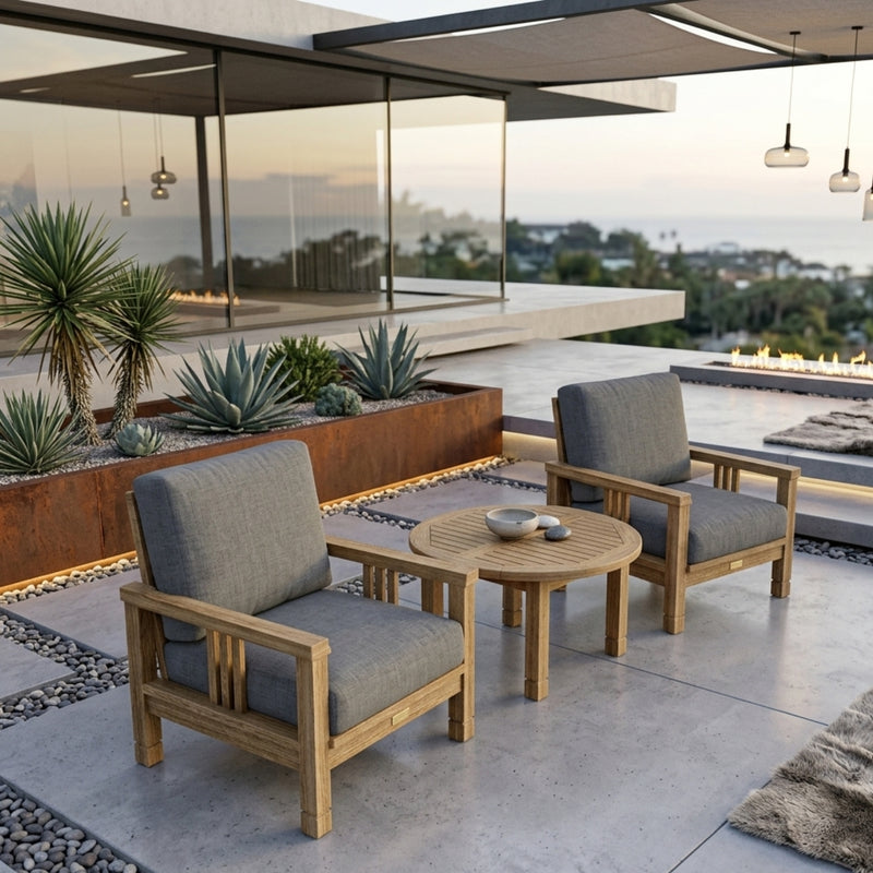 Southbay Teak Wood outdoor seating set with two armchairs and a table, featuring deep cushions in designer colors by Anderson Teak.